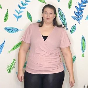 Waffle VNeck faux wrap in rose